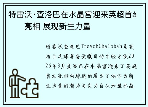 特雷沃·查洛巴在水晶宫迎来英超首发亮相 展现新生力量